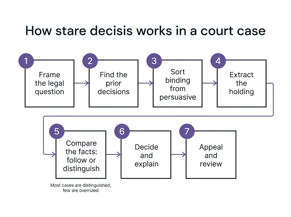 Infographic showing seven numbered stages of how precedent is applied in a court case
