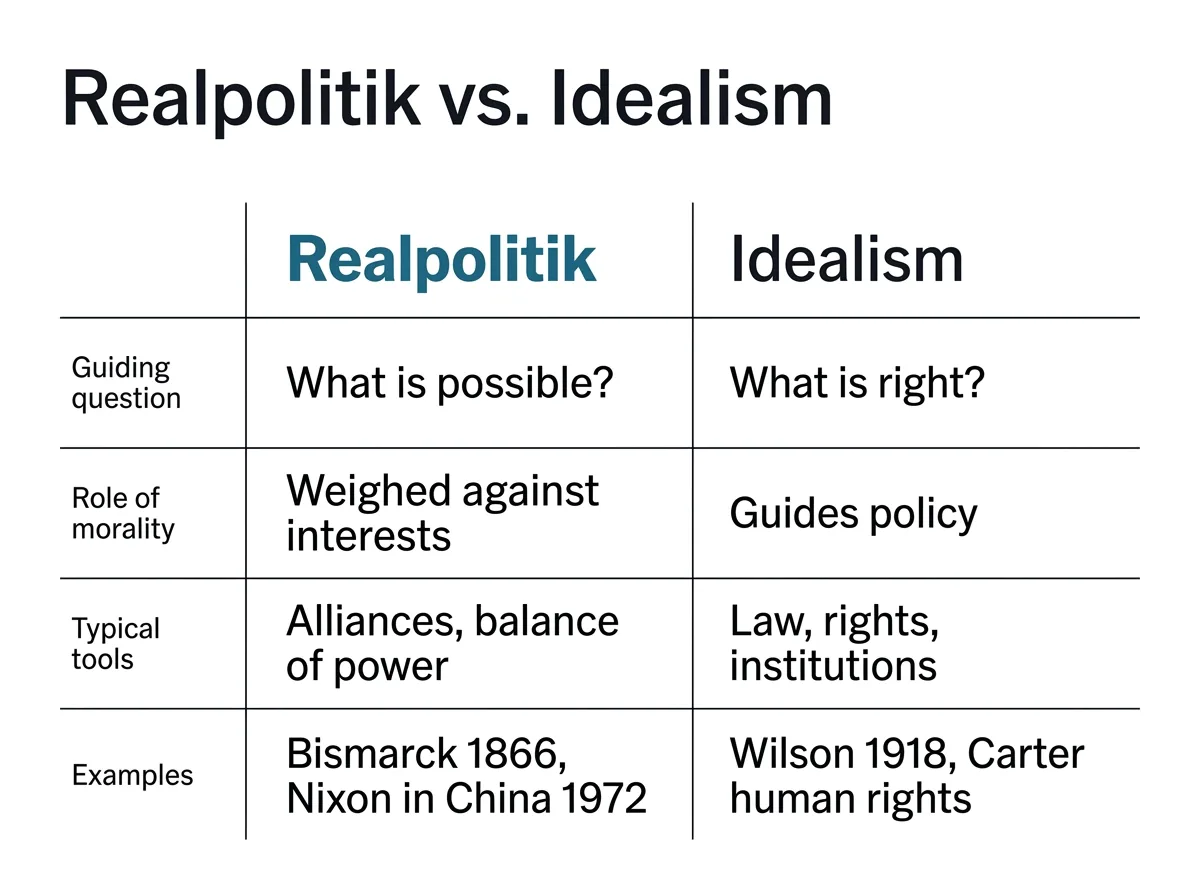Infographic comparing realpolitik with idealist foreign policy on guiding question, view of morality and typical tools