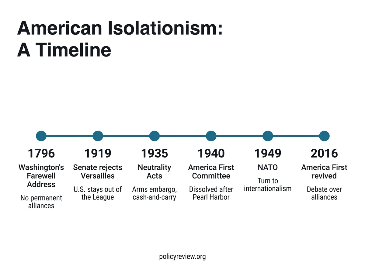 Infographic timeline of American isolationism from Washington's Farewell Address in 1796 to the America First debate after 2016
