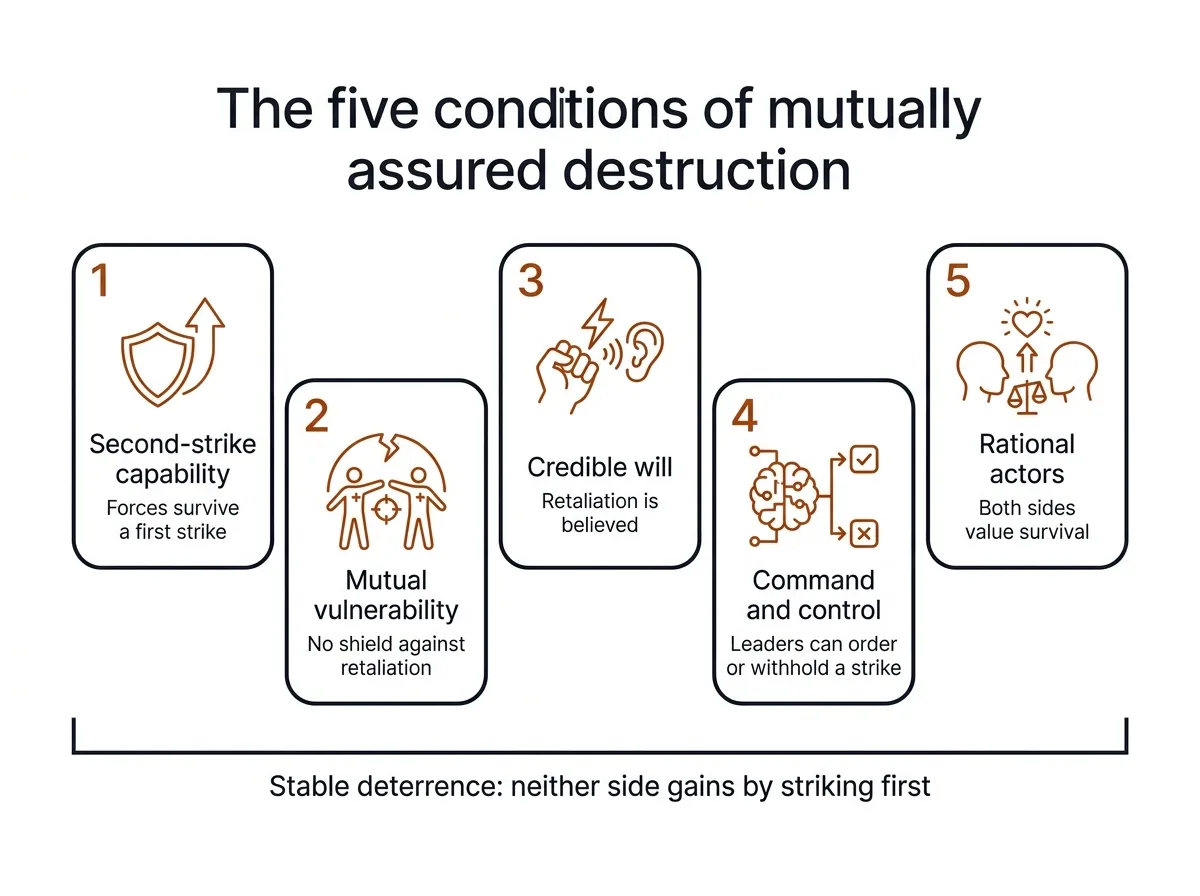 Infographic showing the five conditions of mutually assured destruction: second-strike capability, mutual vulnerability, credible will, reliable command and control, and rational actors