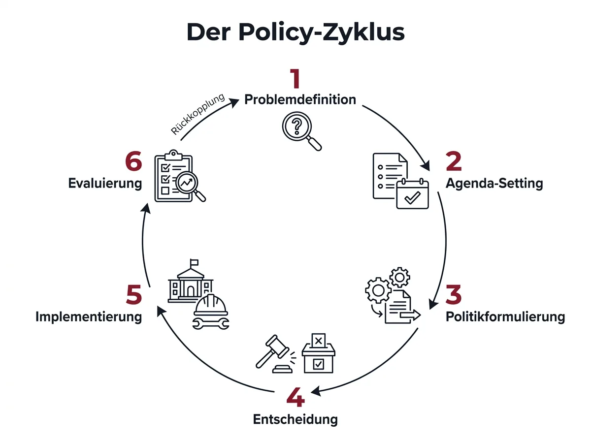 Infografik des Policy-Zyklus mit sechs Phasen von der Problemdefinition bis zur Evaluierung