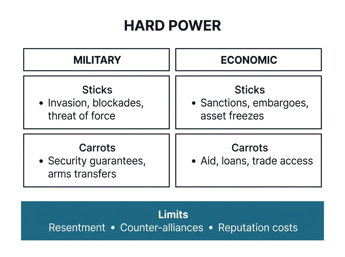 Infographic showing the military and economic forms of hard power, with sticks and carrots for each and their limits
