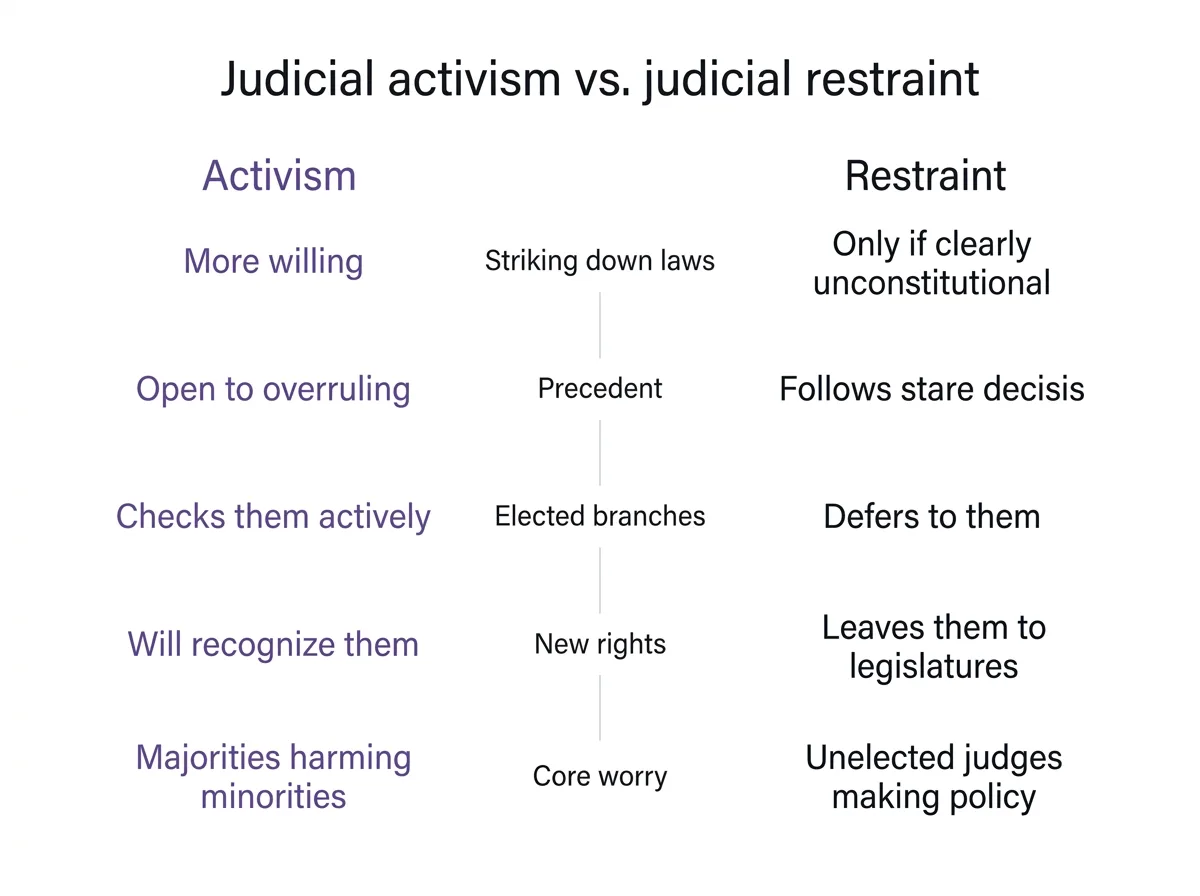 Infographic comparing judicial activism and judicial restraint on striking down laws, precedent, elected branches, new rights and core worries