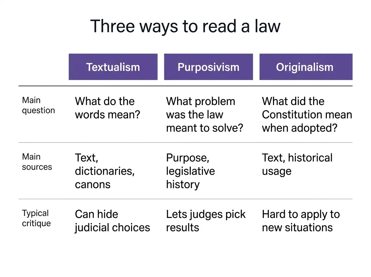 Infographic comparing textualism, purposivism and originalism by question asked, main sources and typical critique