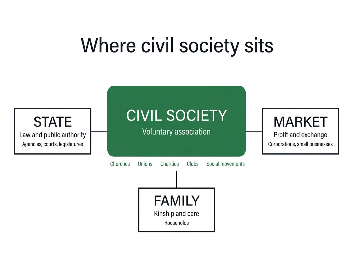 Infographic placing civil society between state, market and family with examples of each sphere