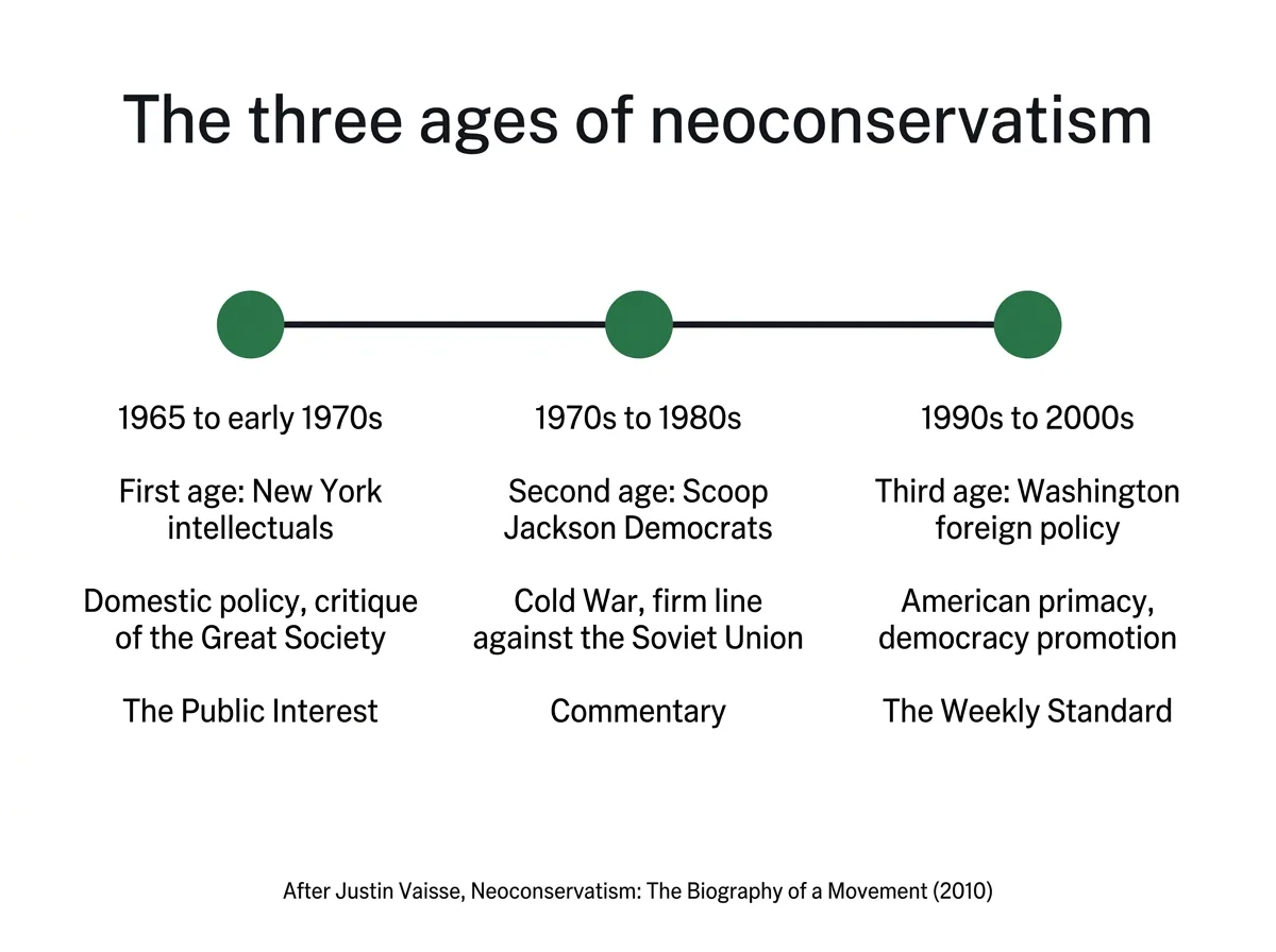 Infographic timeline of the three ages of neoconservatism from the 1960s to the 2000s