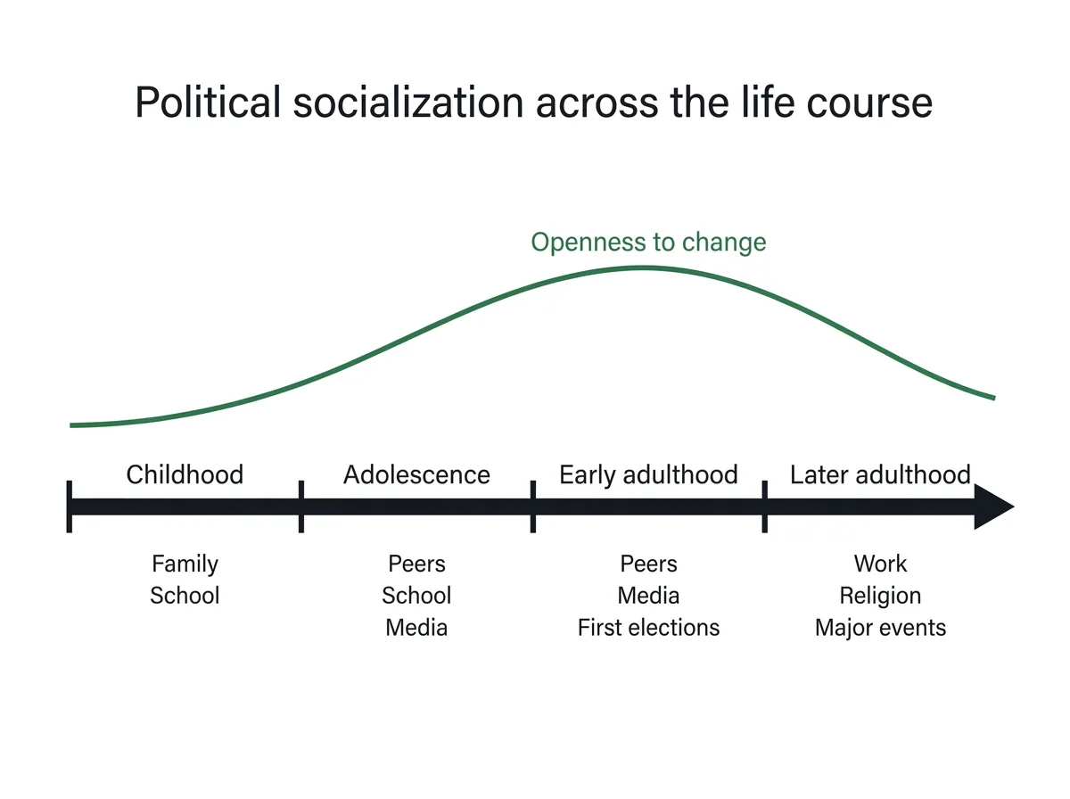 Infographic showing four stages of political socialization across a lifetime, from childhood to later adulthood, with the main agents at each stage and a curve showing openness to change peaking in early adulthood
