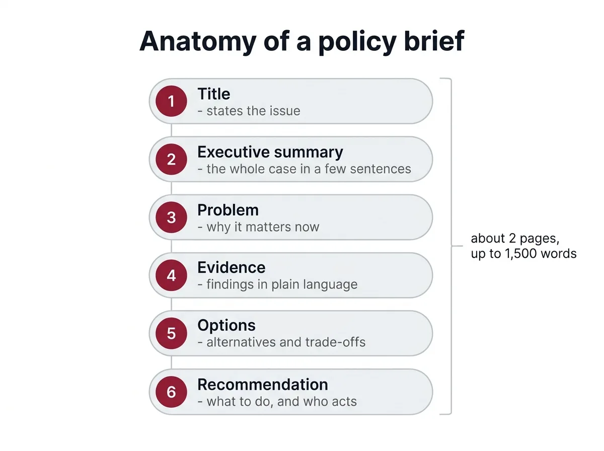 Infographic showing the six main sections of a policy brief stacked in order, from title to recommendation