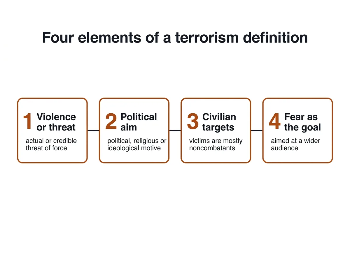 Infographic showing four tests of a terrorism definition: violence or threat, political aim, civilian targets, and fear aimed at a wider audience
