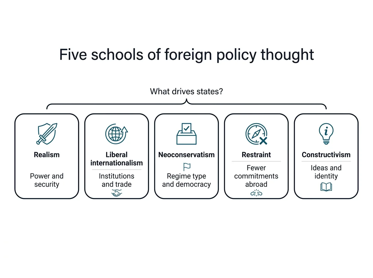 Infographic of five schools of foreign policy thought arranged by what each sees as the main driver of state behavior