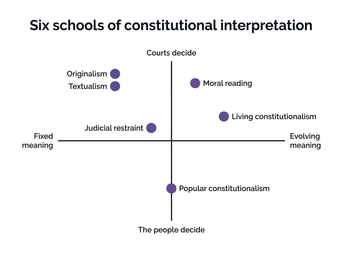 Diagram comparing six schools of constitutional interpretation along two axes, fixed versus evolving meaning and court-centered versus people-centered