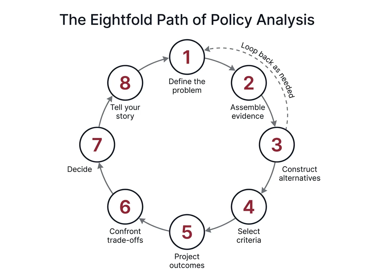 Infographic of Bardach's eight steps of policy analysis, from problem definition to telling your story