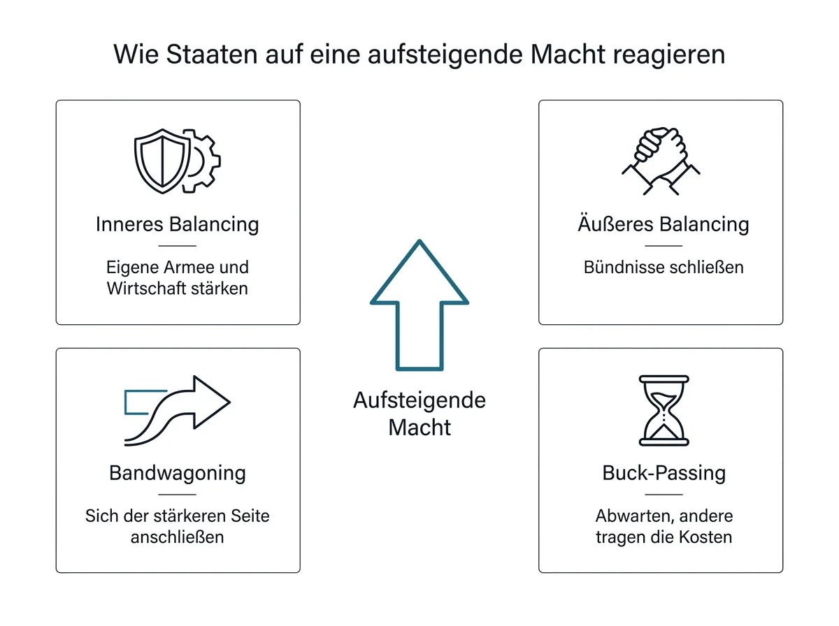 Infografik zu vier Reaktionen eines Staates auf eine aufsteigende Macht: inneres Balancing, äußeres Balancing, Bandwagoning und Buck-Passing