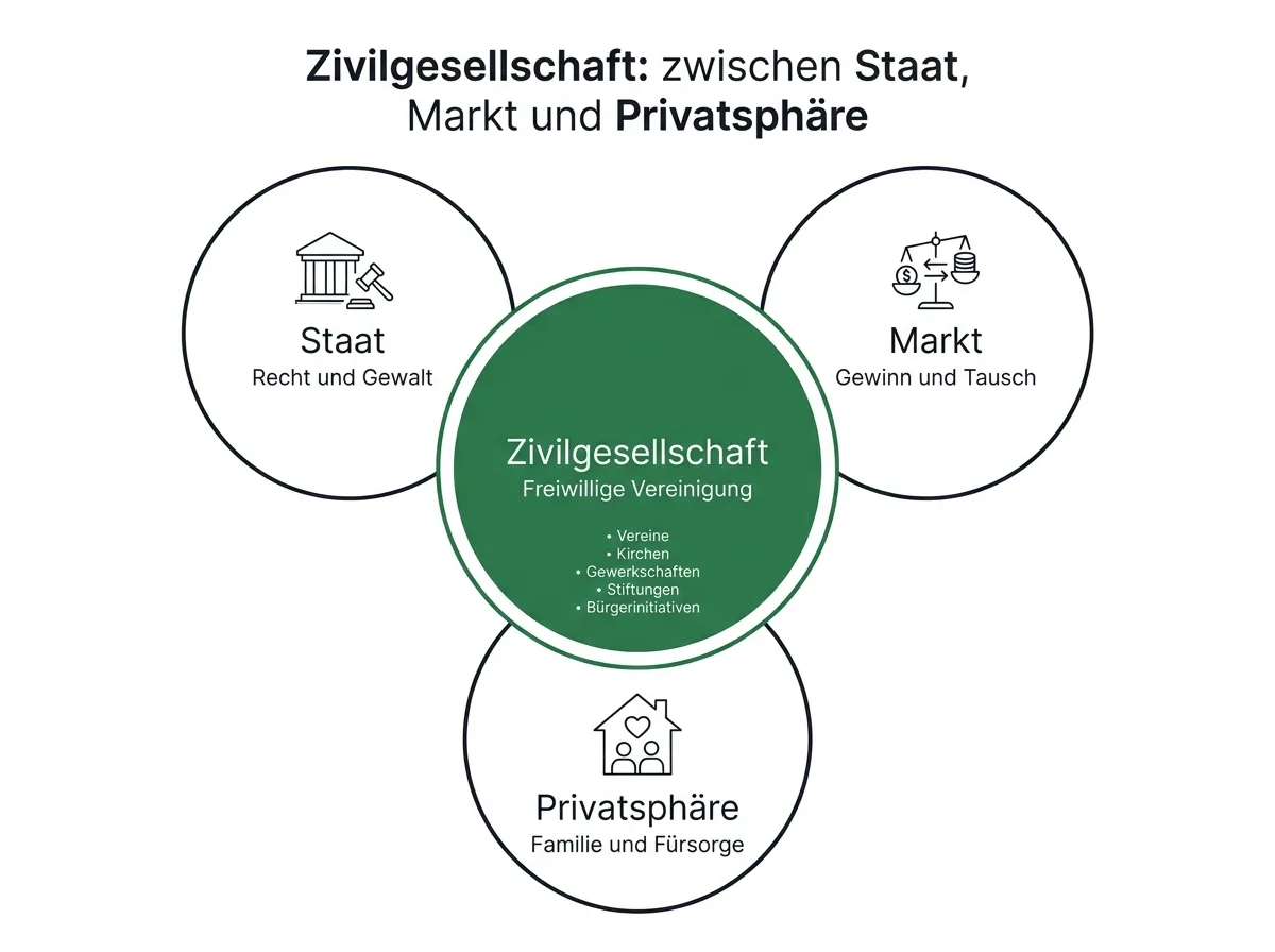 Infografik zur Zivilgesellschaft zwischen Staat, Markt und Privatsphäre mit Beispielen für jede Sphäre
