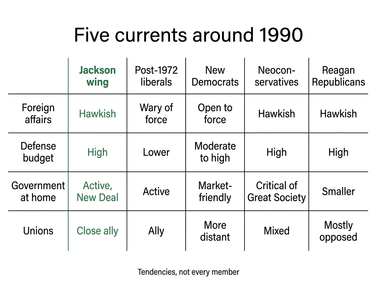 Infographic comparing Scoop Jackson Democrats with other political currents on foreign affairs, defense, government at home and unions