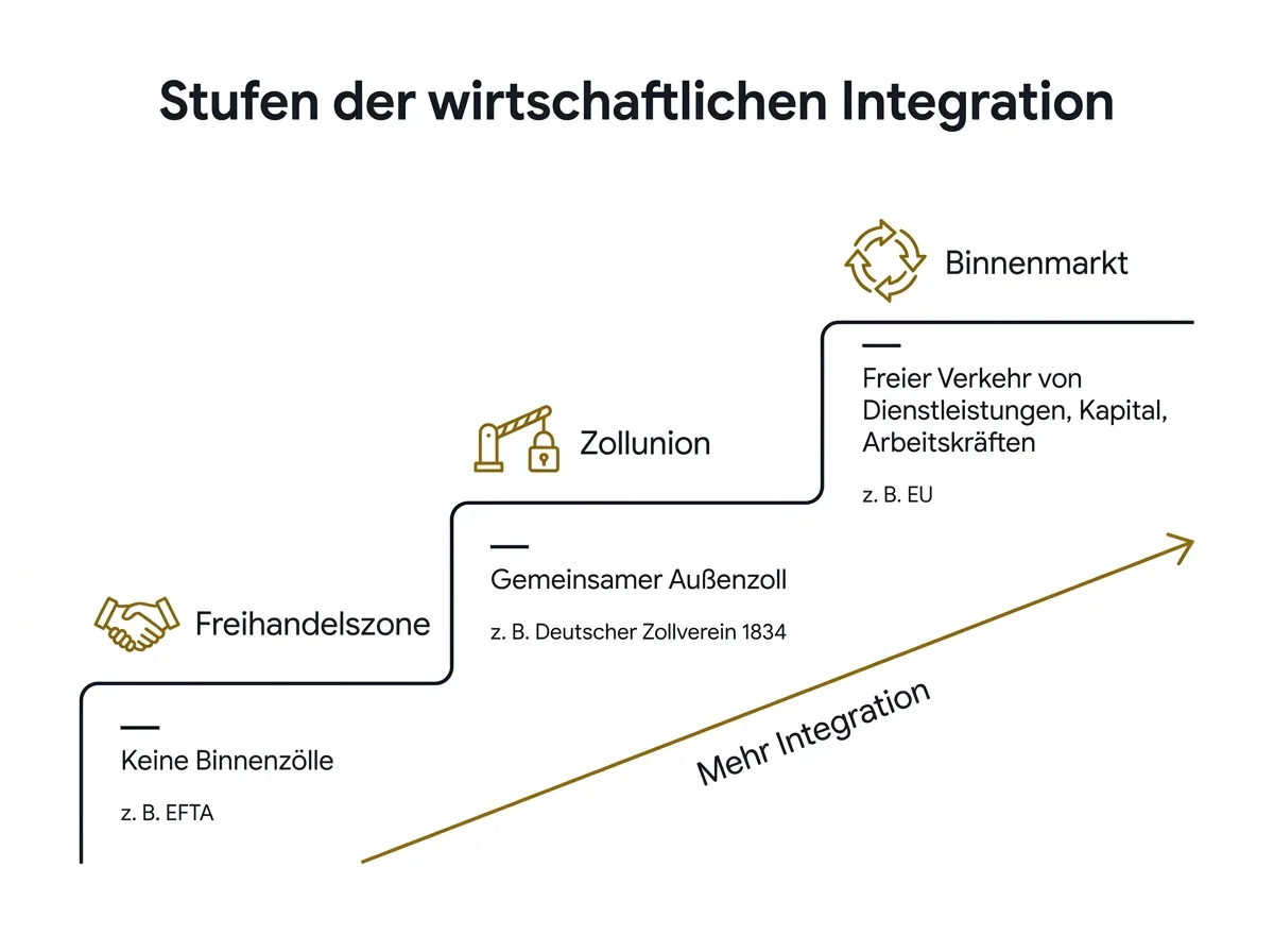 Infografik zu den Stufen wirtschaftlicher Integration von der Freihandelszone über die Zollunion bis zum Binnenmarkt mit Beispielen