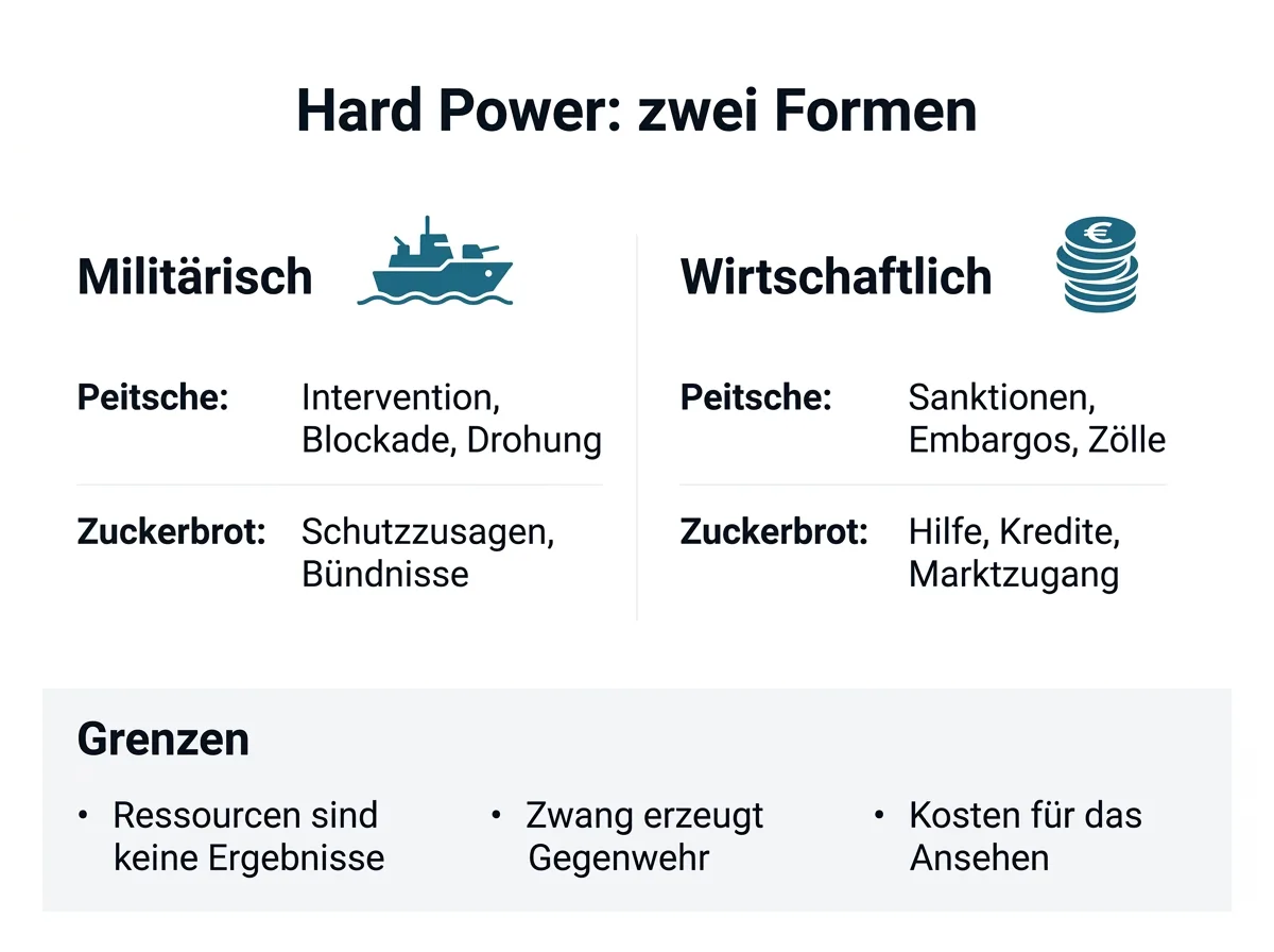 Infografik zu den zwei Formen der Hard Power mit Zuckerbrot und Peitsche sowie ihren Grenzen