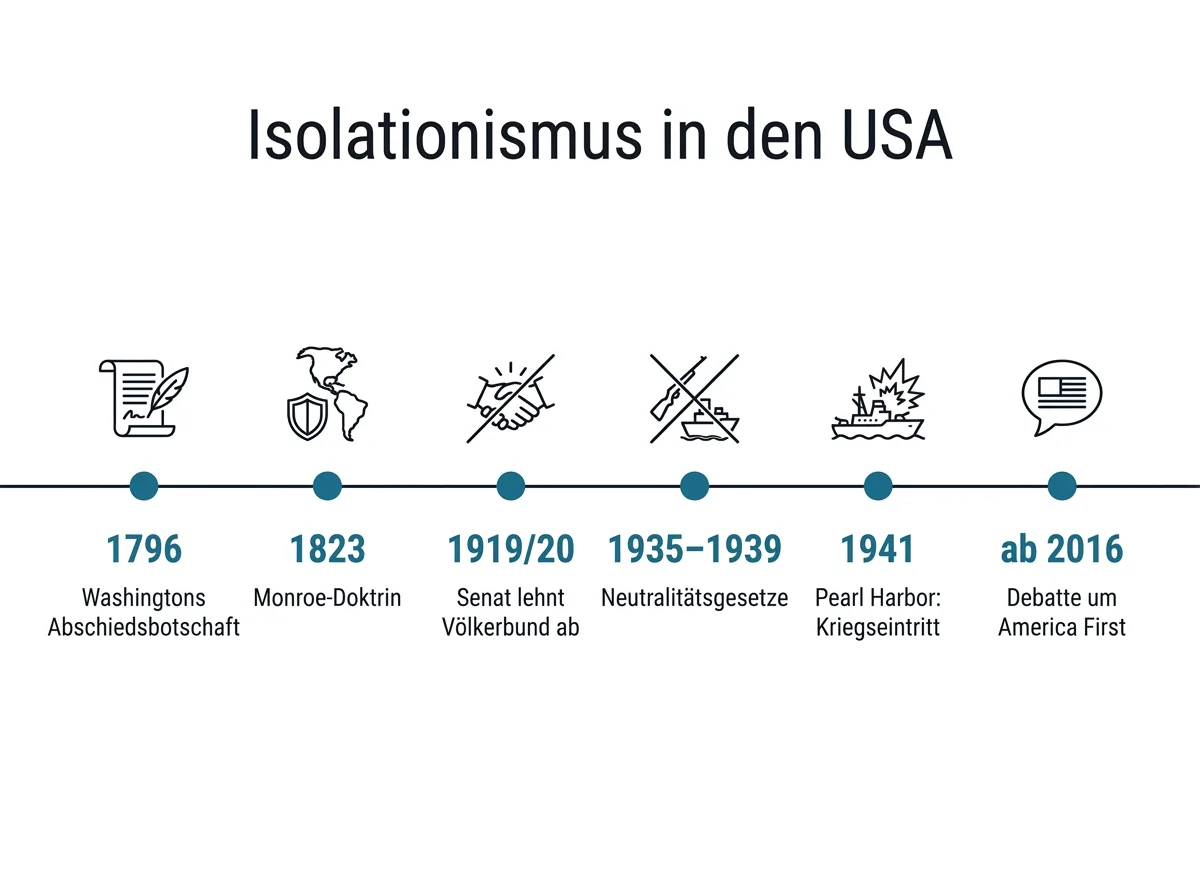 Infografik als Zeitleiste des amerikanischen Isolationismus von Washingtons Abschiedsbotschaft 1796 bis zur America-First-Debatte nach 2016