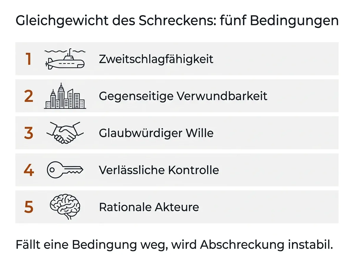 Infografik zu den fünf Bedingungen der MAD-Doktrin: Zweitschlagfähigkeit, gegenseitige Verwundbarkeit, glaubwürdiger Wille, verlässliche Kontrolle und rationale Akteure
