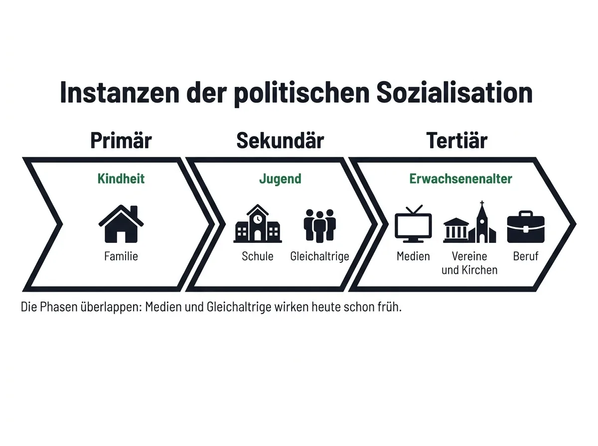Infografik zu den Instanzen der politischen Sozialisation in primärer, sekundärer und tertiärer Phase