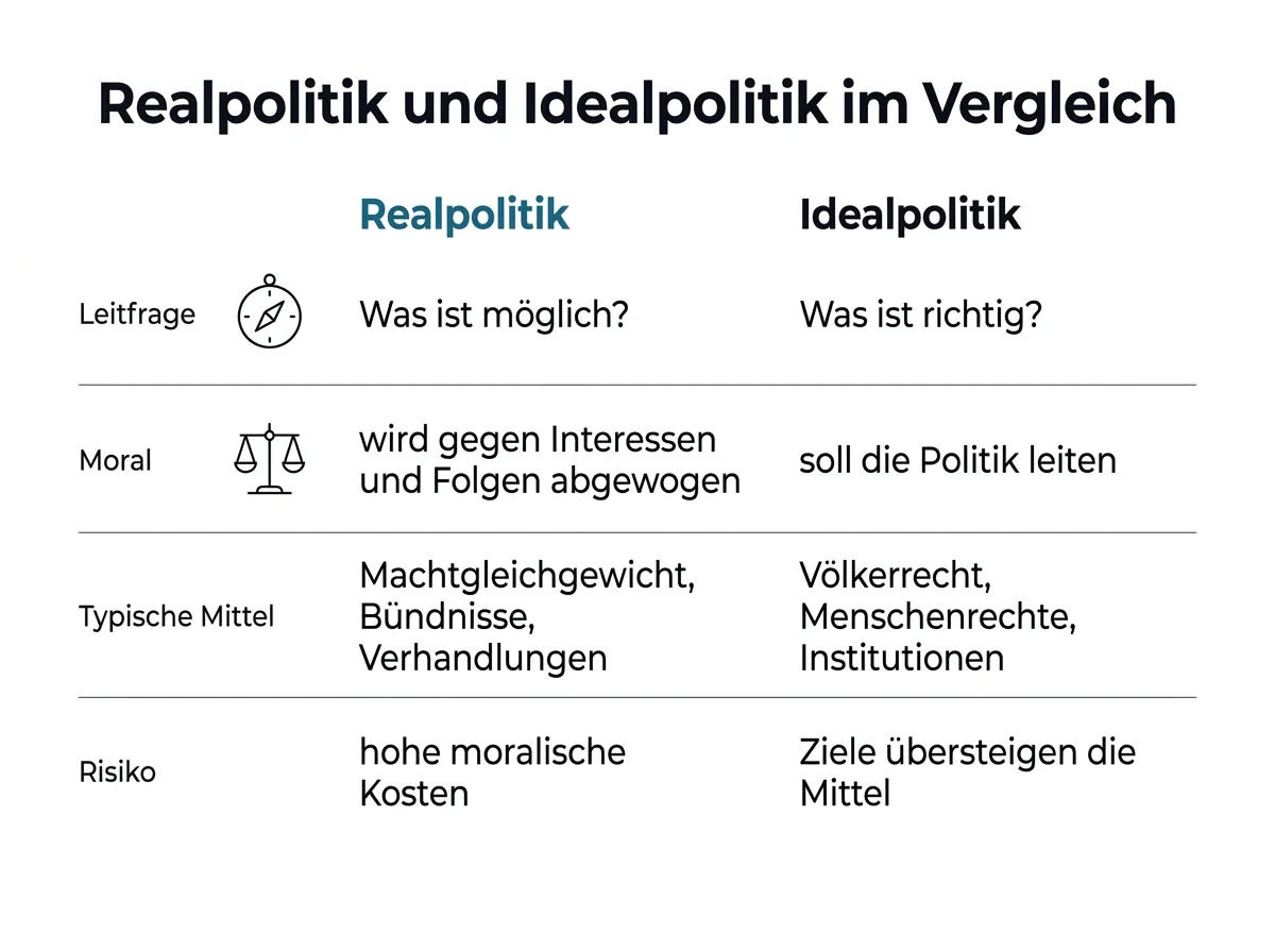 Infografik: Realpolitik und Idealpolitik im Vergleich nach Leitfrage, Rolle der Moral, typischen Mitteln und Risiken