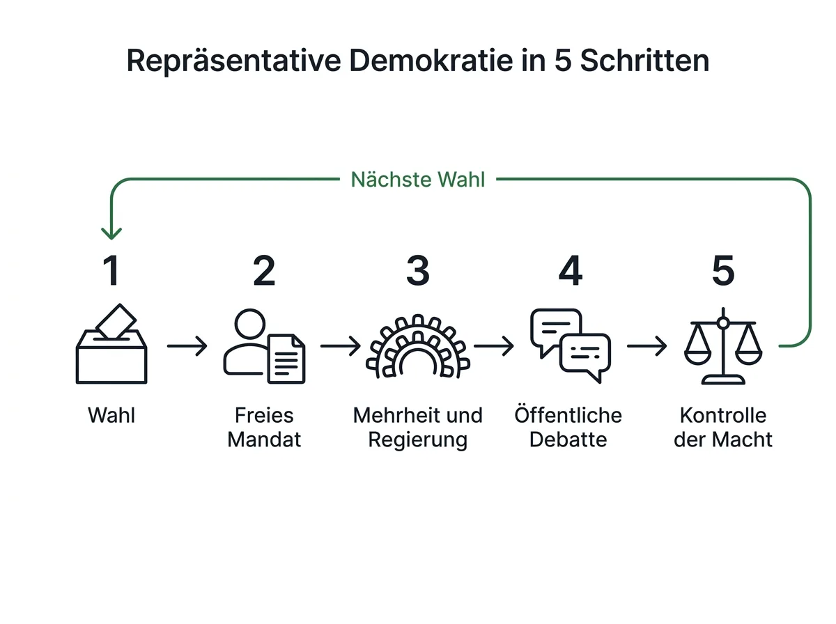 Infografik mit fünf Schritten einer Demokratie mit Volksvertretung: Wahl, freies Mandat, Mehrheit und Regierung, öffentliche Debatte, Kontrolle