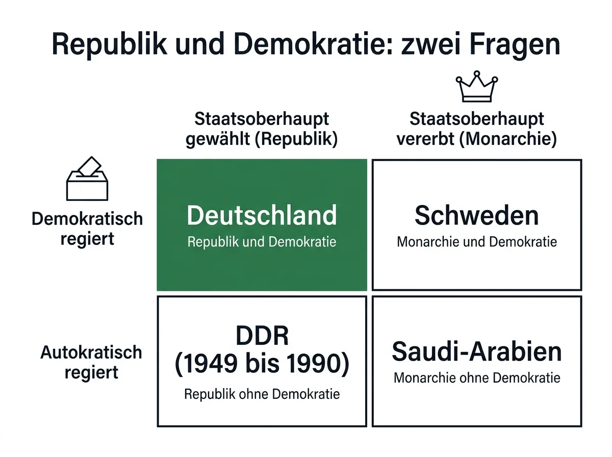 Infografik: Vierfeldertafel mit den Achsen Staatsoberhaupt gewählt oder vererbt und Regierungsform frei gewählt oder autokratisch, mit Deutschland, Schweden, der DDR und Saudi-Arabien als Beispielen