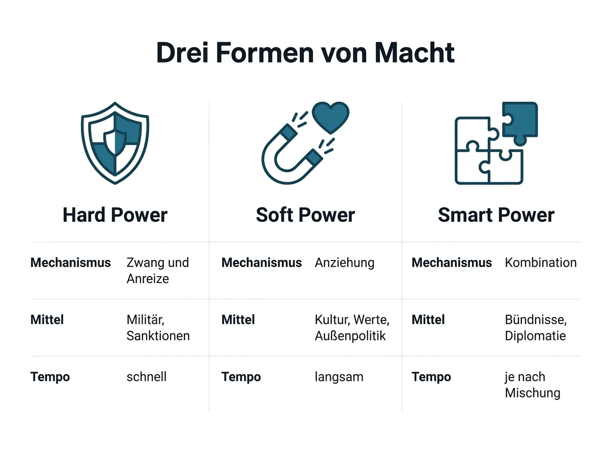 Infografik zum Vergleich der drei Machtformen nach Mechanismus, Mitteln und Zeithorizont