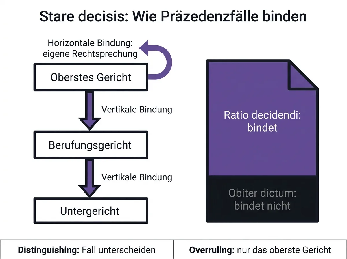 Infografik zu stare decisis mit vertikaler und horizontaler Bindung an Präzedenzfälle