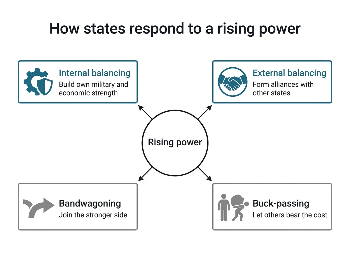 Infographic showing four state responses to a rising power: internal balancing, external balancing, bandwagoning and buck-passing