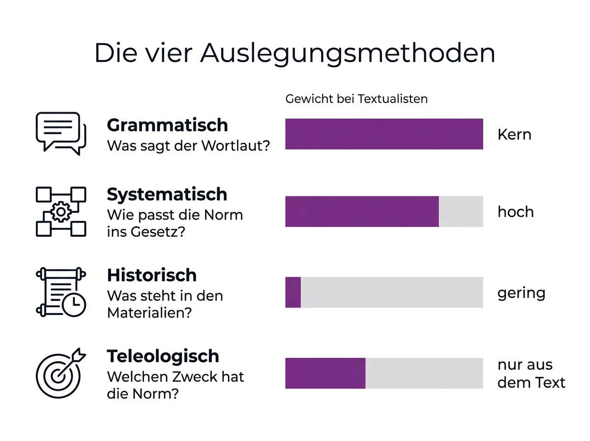 Infografik zu den vier Auslegungsmethoden nach Savigny und ihrem Gewicht bei Textualisten