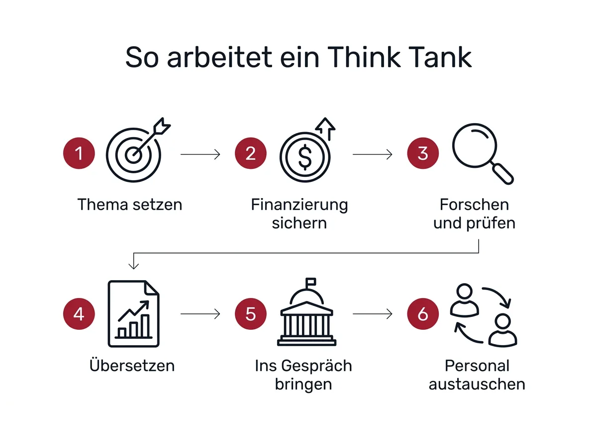 Infografik mit sechs Schritten, wie ein Think Tank arbeitet: Thema setzen, Finanzierung sichern, forschen, übersetzen, ins Gespräch bringen, Personal austauschen