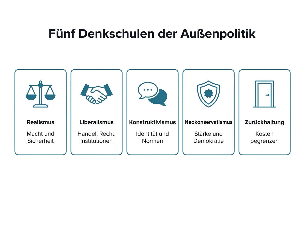 Infografik: fünf Denkschulen der Außenpolitik und ihre Antwort auf die Frage, was Staaten antreibt