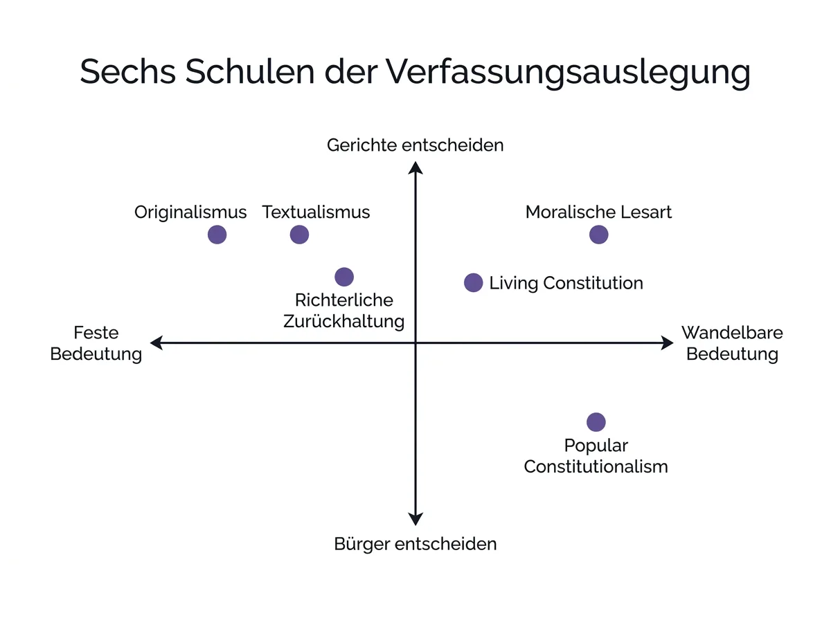 Schaubild: sechs Schulen der Verfassungsauslegung auf zwei Achsen, feste gegen wandelbare Auslegung und Gericht gegen Volk als Entscheider