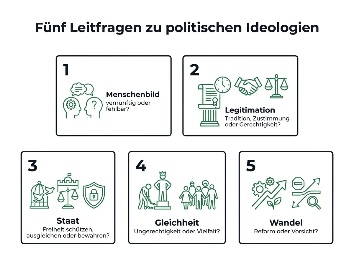 Infografik mit fünf Leitfragen, um ideologische Positionen in einer Debatte zu erkennen: Menschenbild, Legitimation von Macht, Rolle des Staates, Umgang mit Ungleichheit und Haltung zum Wandel