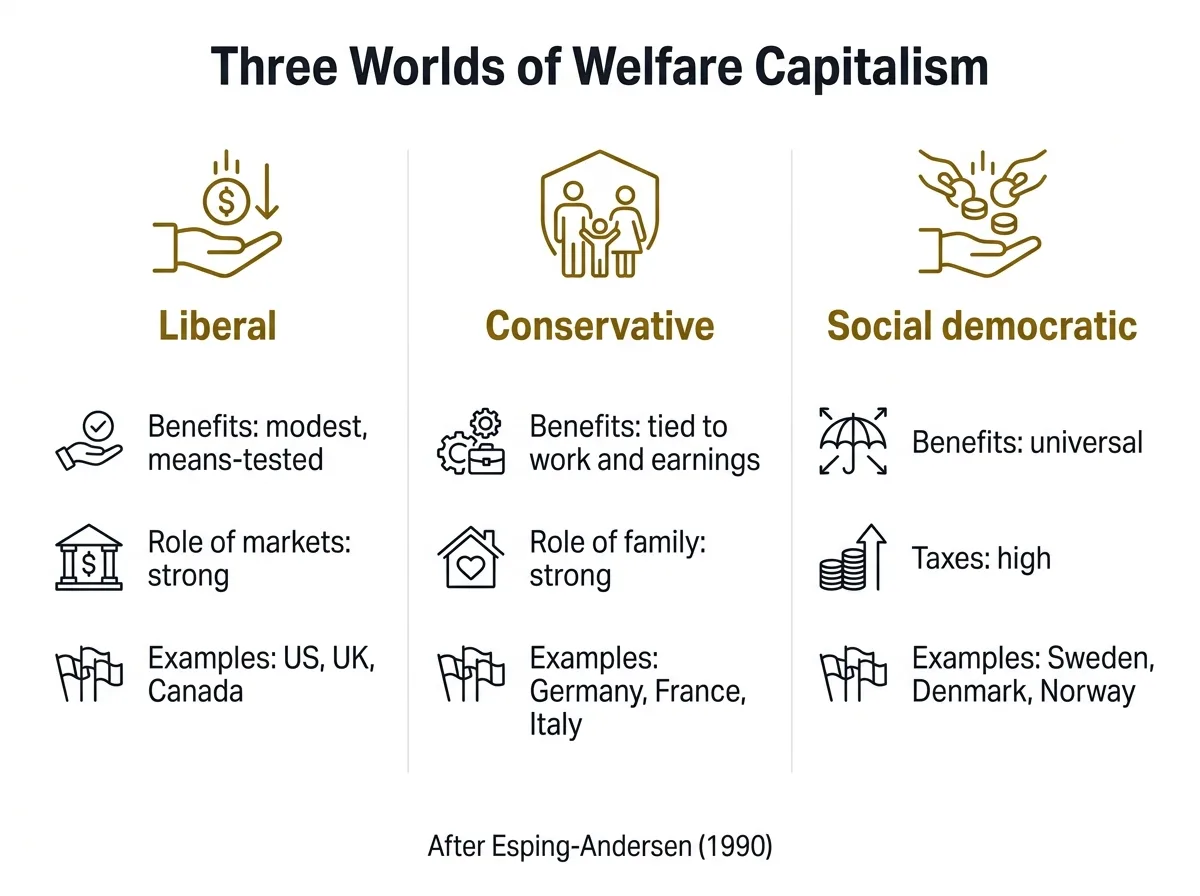 Infographic comparing the liberal, conservative and social democratic models of the welfare state by type of benefits, role of markets or family, and example countries