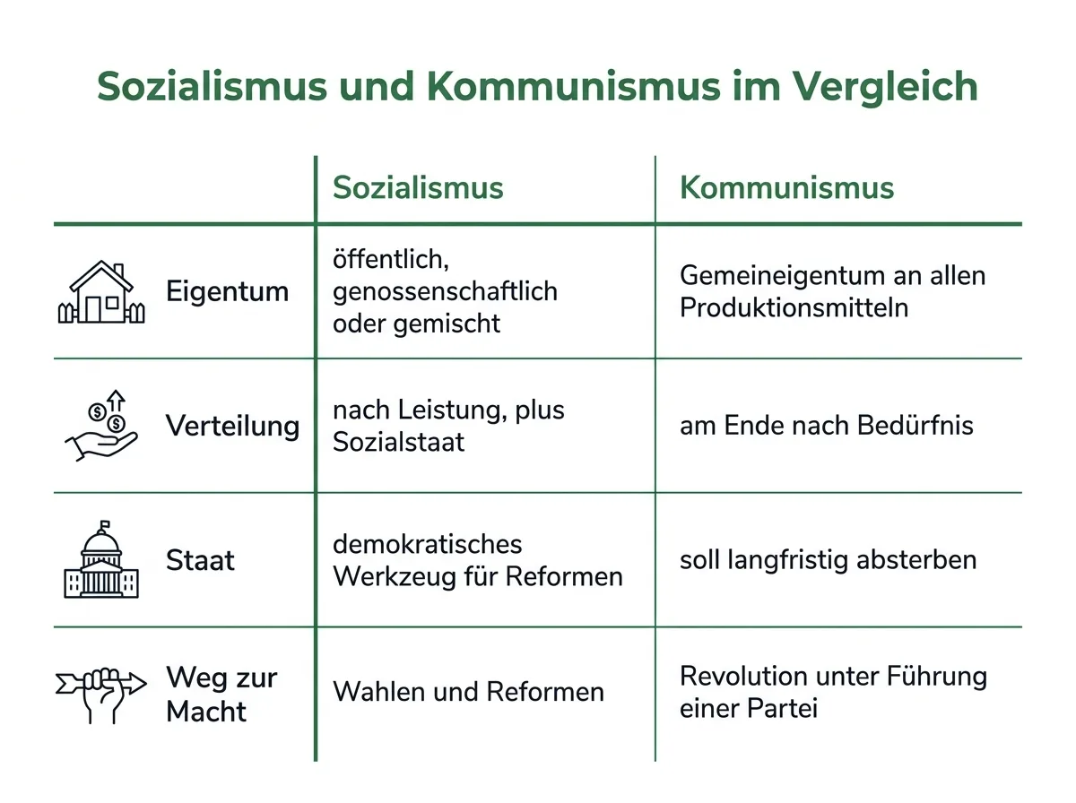 Infografik: Vergleich der beiden Ideen nach Eigentum, Verteilung, Staat und Weg zur Macht