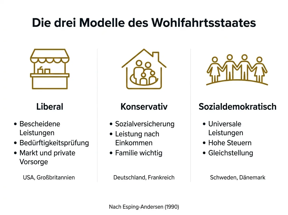 Infografik zu den drei Modellen des Wohlfahrtsstaates nach Esping-Andersen: liberal, konservativ und sozialdemokratisch mit Leistungsart, Rolle von Markt oder Familie und Beispielländern