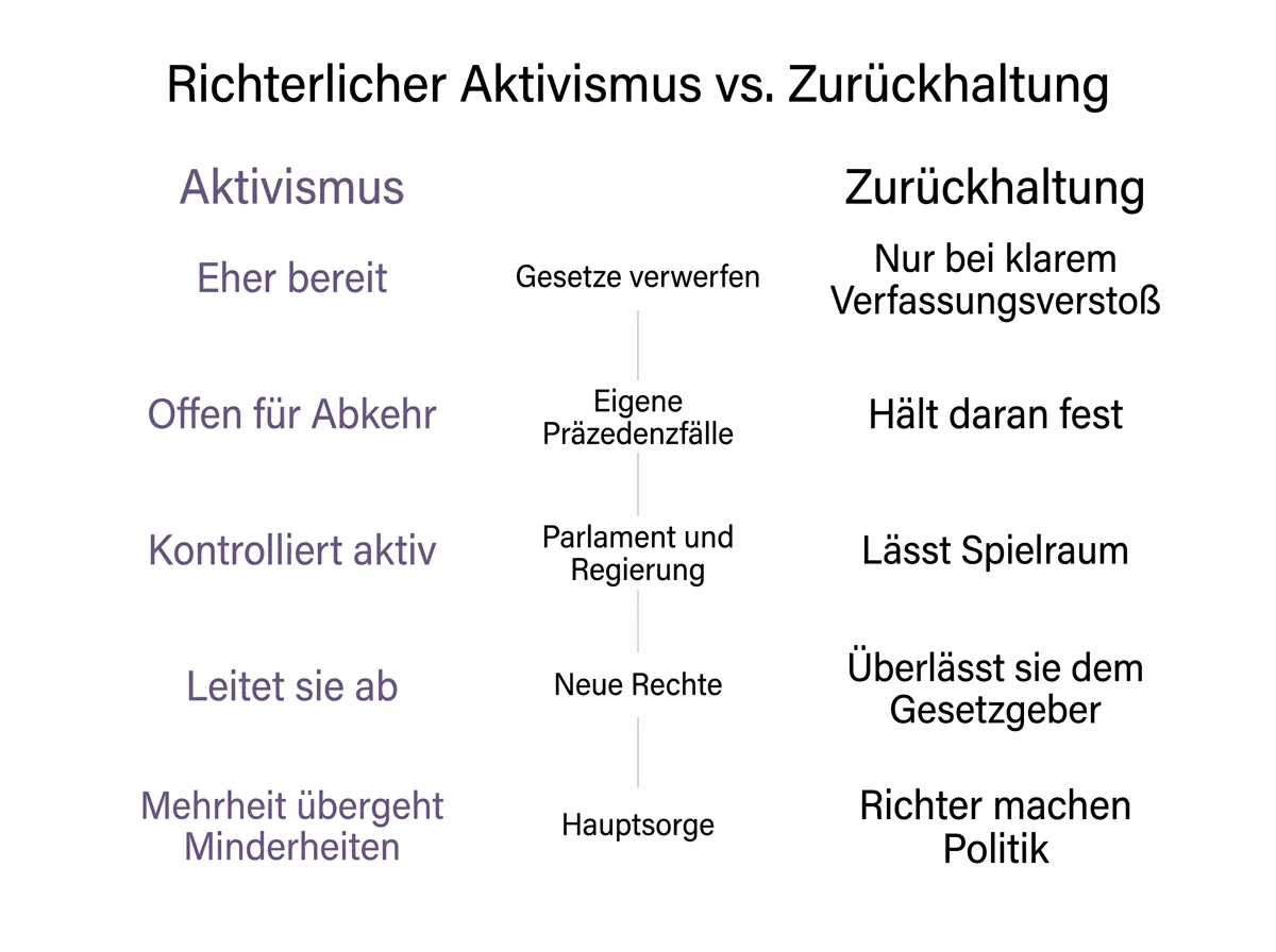 Infografik zum Vergleich von richterlichem Aktivismus und richterlicher Selbstbeschränkung in fünf Punkten