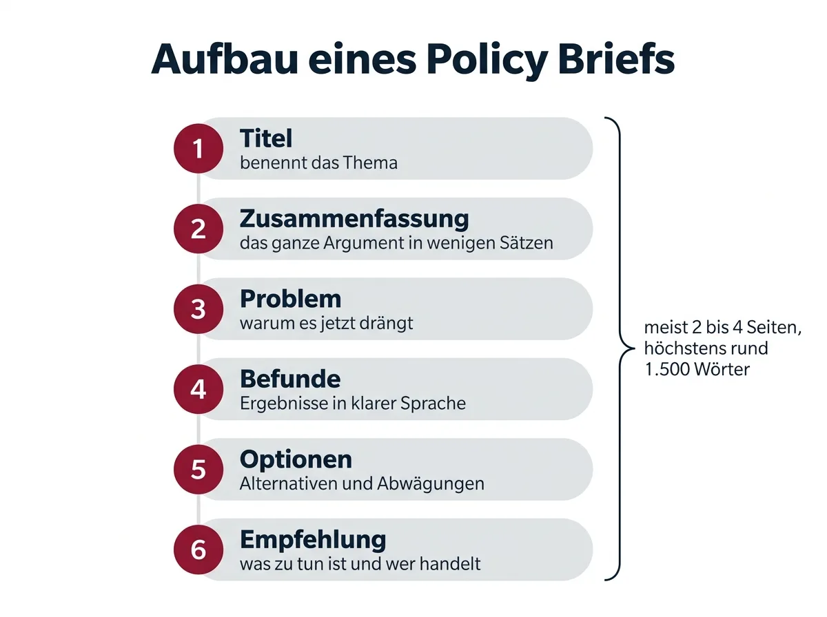 Infografik mit den sechs Bausteinen des Kurzpapiers untereinander, vom Titel bis zur Empfehlung