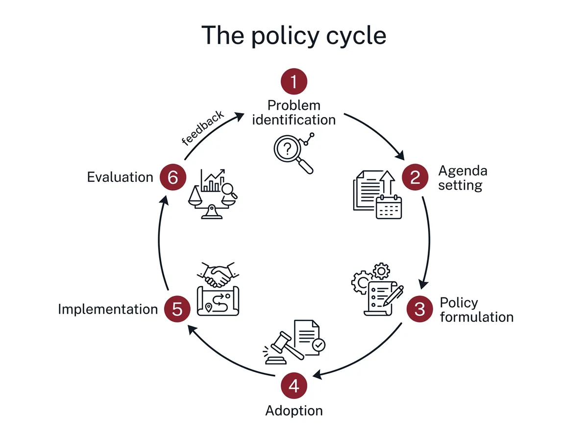 Infographic of the public policy cycle with six stages from problem identification to evaluation