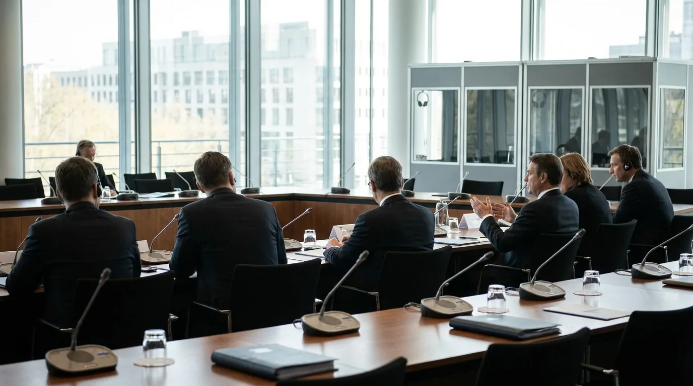 Diplomats from several countries in a tense negotiation at a long table in a European conference hall