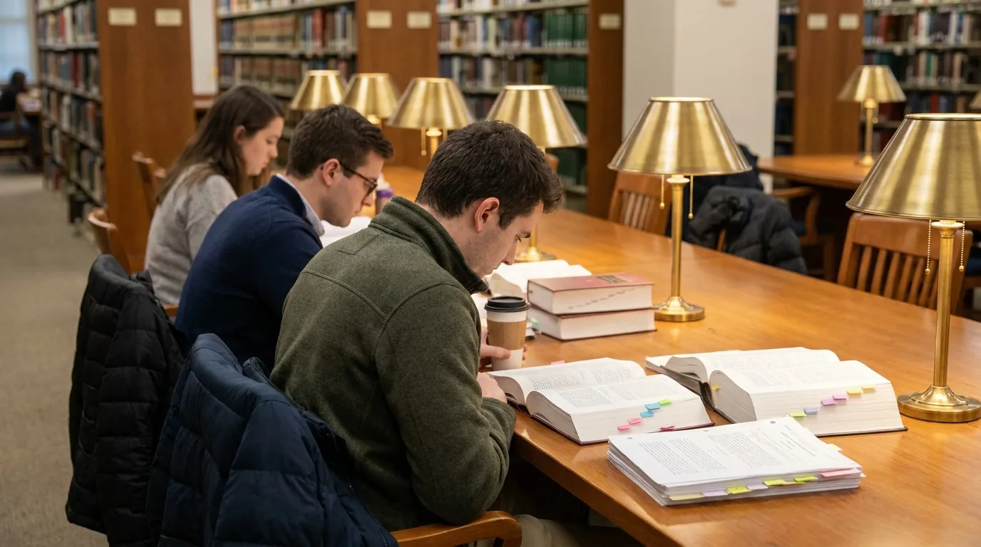 Law students studying case reports at a long library table