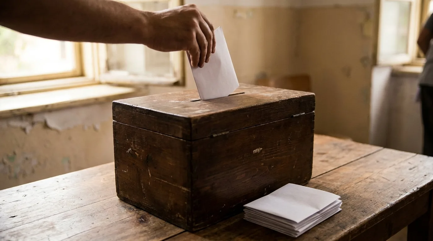 Ballot papers and a wooden ballot box on a table in a local polling station