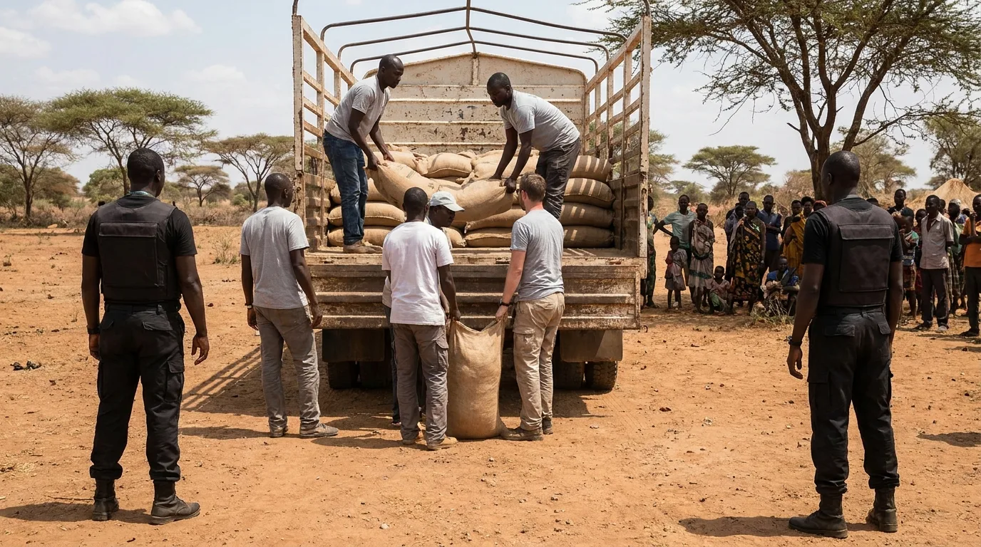 Aid workers unloading supplies from a truck under the watch of private security guards in a rural African setting