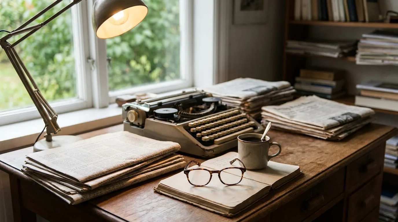 An old typewriter, stacks of folded newspapers, reading glasses and a cup of coffee on a wooden desk by a window