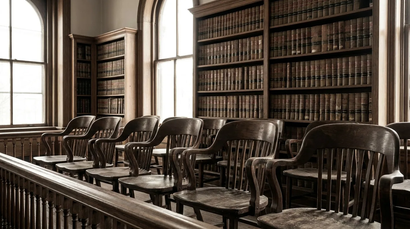 A row of empty wooden jury chairs and a law library shelf in a historic American courthouse