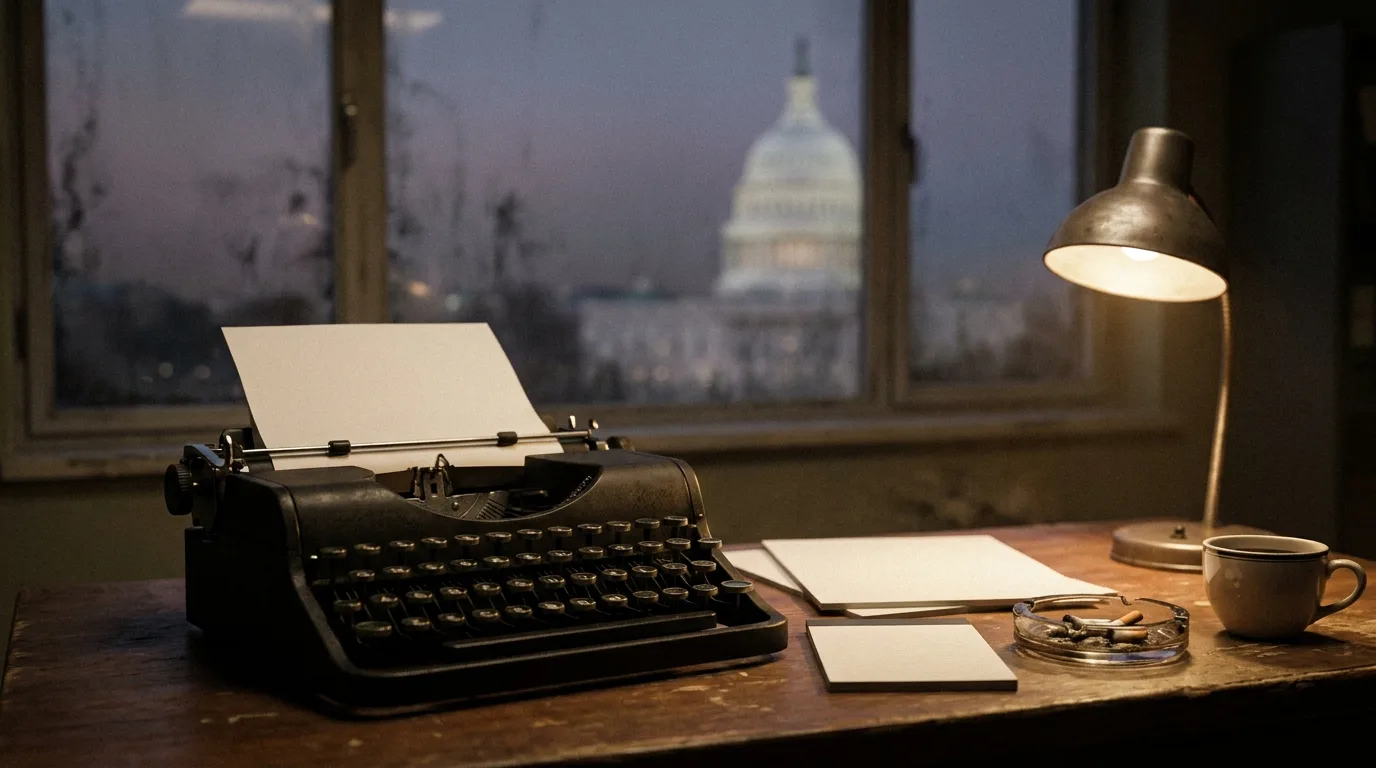 A 1950s-style newspaper reporter's desk with a typewriter and stacks of paper near a window overlooking a domed capitol