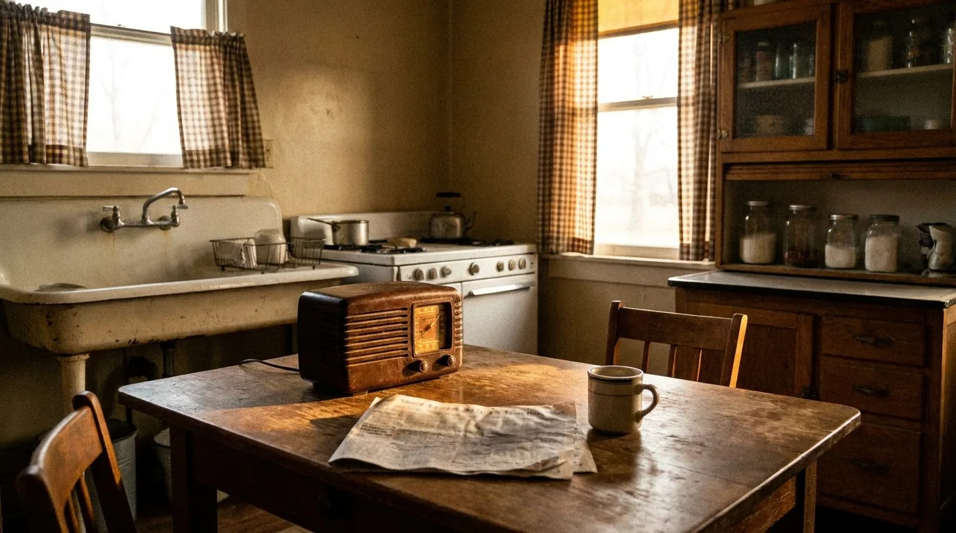 A wooden radio on a kitchen table in a 1940s American home, with a newspaper and coffee cup beside it