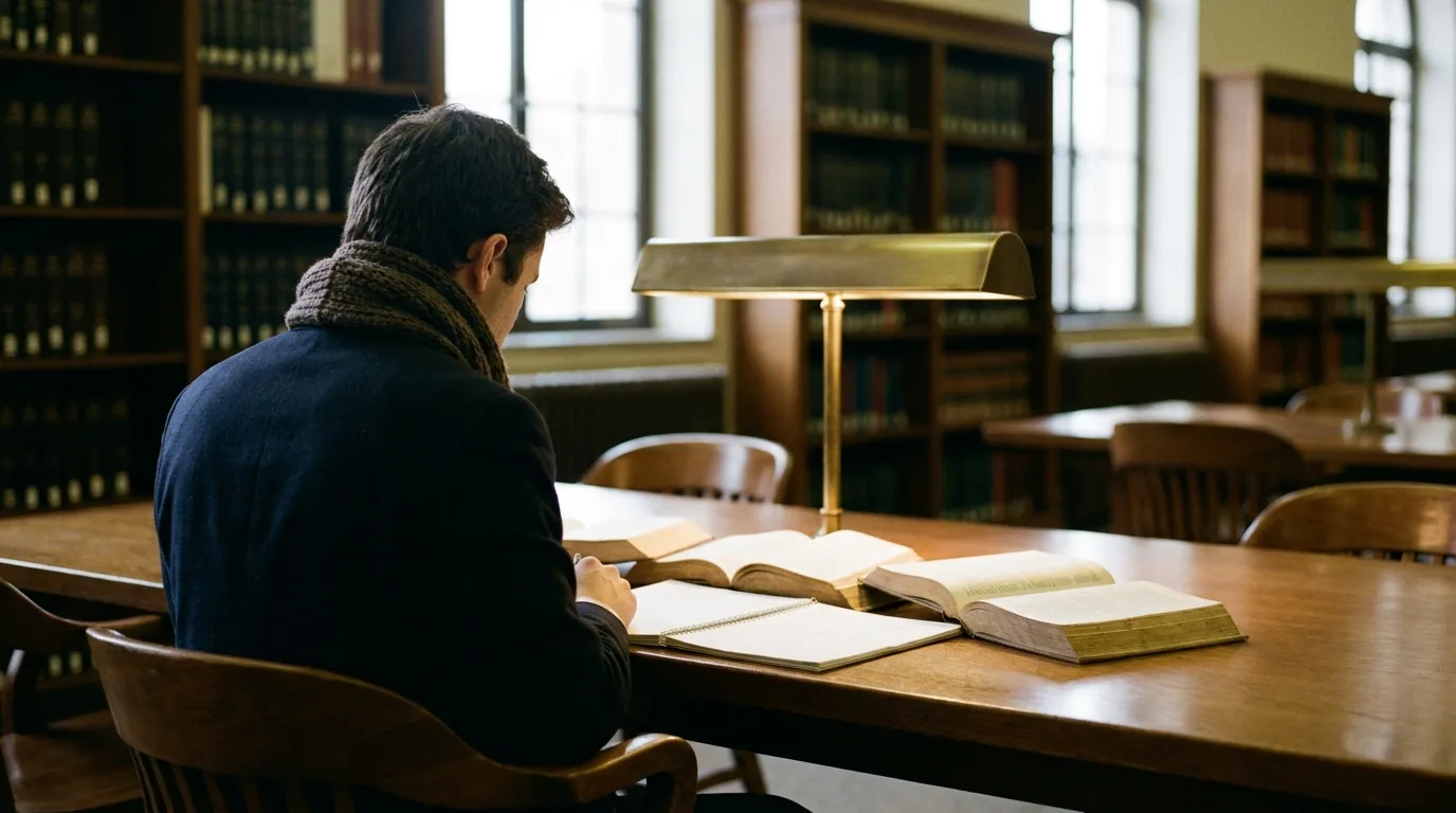 A law student reading open law books at a library table while studying judicial review